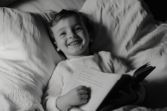 Happy Child Reading Book In Bed At Night