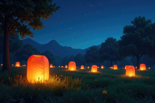 Glowing lanterns in a lush green meadow under starry night sky, stars