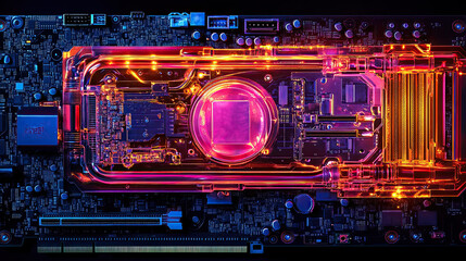 Obraz premium Colorful Neon Circuit Board with Vibrant LED Lights and Technology