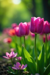 Majestic purple tulips sway gently in the breeze amidst lush green foliage, landscape, flowers