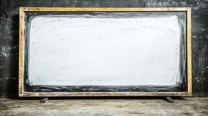 Empty chalkboard in a rustic classroom setting, with a textured wall and concrete floor