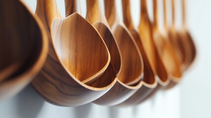Wooden ladles hang on wall, kitchenware display