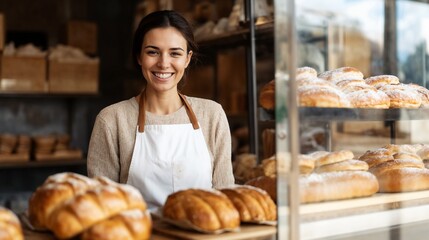 Smiling female bakery owner with fresh pastries in display case. Perfect for small business, entrepreneurship, and artisanal food marketing.