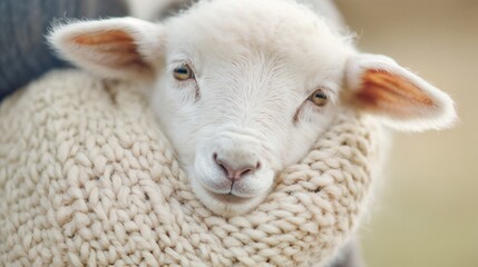 Obraz premium Close-up portrait of young lamb with soft wool. Perfect for sustainable farming, natural products, and animal welfare.