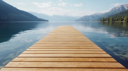 Wooden pier extending over calm mountain lake with reflection. Perfect for meditation, wellness retreats, and nature tourism marketing.