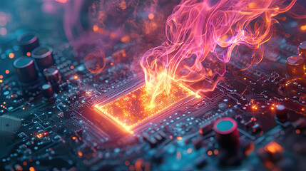 Obraz premium Surreal Burning Circuit Board with Colorful Smoke and Glowing Lights