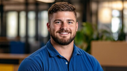 Friendly man in blue polo shirt at office. Perfect for workplace culture, professional services, and corporate environment.