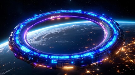 Futuristic Space Ring Orbiting Earth - Sci-fi