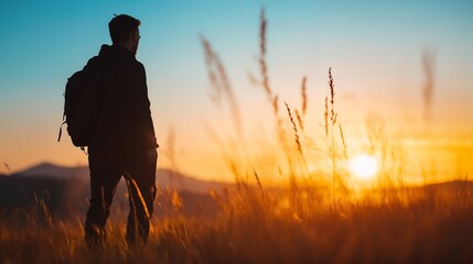 Hiker silhouette against golden sunset. Perfect for outdoor adventure, nature exploration, and personal journey.