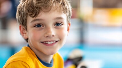 Happy boy in yellow shirt at sports venue. Ideal for youth sports, childhood activities, and active lifestyle.
