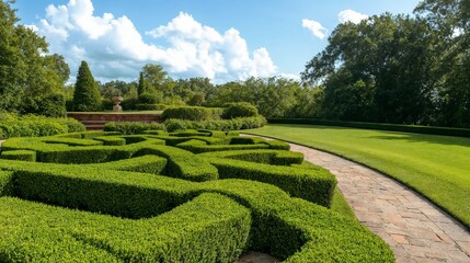 Manicured garden maze with stone path. Great for landscape design, formal gardens, and architectural nature.