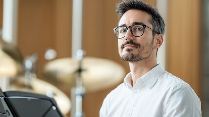 Professional musician at drum set. Ideal for music performance, artistic talent, and creative expression.