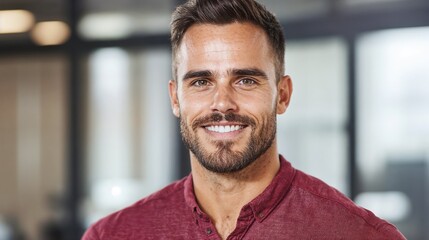 Obraz premium Professional man smiling in modern office. Great for workplace culture, business success, and corporate lifestyle.
