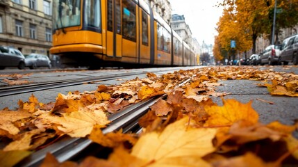 Autumn leaves on tram tracks in city street. Great for urban seasons, public transport, and city atmosphere.
