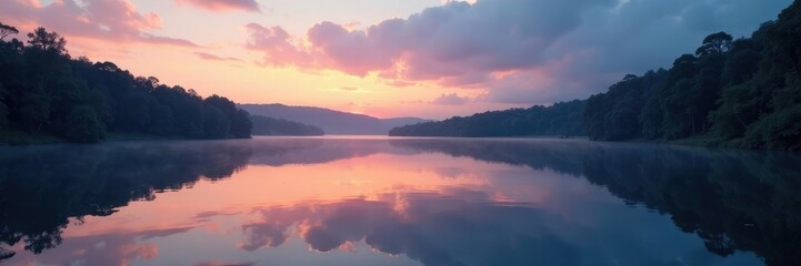 Reflections on a peaceful lake's surface at dusk, trees, calmness