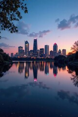 Fototapeta premium Reflections on a peaceful lake with the Dallas skyline at dusk, calm, serene, evening