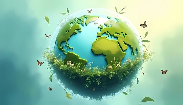 abstract watercolor of the earth floating in the air with butterflies, birds and other tiny creatures flitting around it, representing hope and renewal, eco