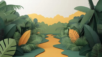 Serene Jungle Pathway Illustration Surrounded by Tropical Foliage and Gentle Hills in Warm Hues Creating an Immersive Nature Experience