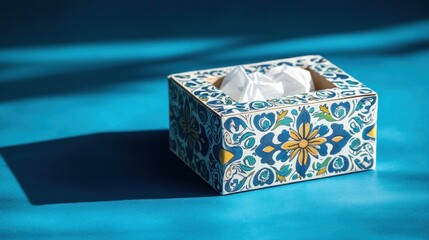 Obraz premium Decorative tissue box on blue surface, sunlight
