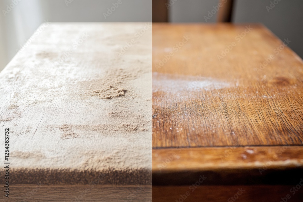 Poster comparison of dusty and clean furniture surface showing the difference cleaning can make in a living