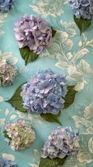 Beautiful arrangement of blue and purple hydrangeas on a floral patterned background