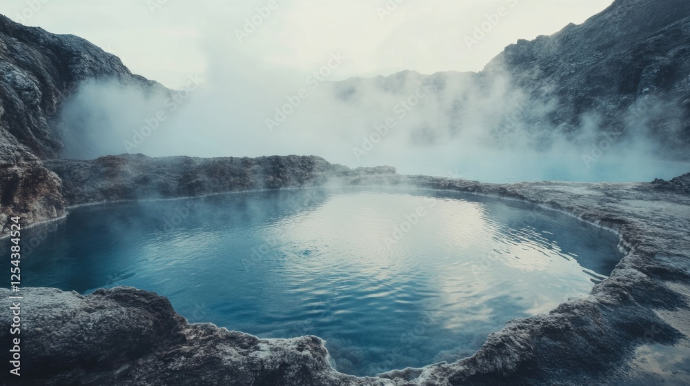 Aufkleber serene hot spring surrounded by rocky edges and steam rising at dawn in a tranquil natural setting. 