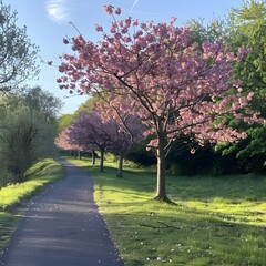 Obraz premium Paved Pathway with Blooming Cherry Trees