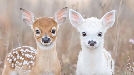 Two fawn deer in field, cute, wildlife, nature