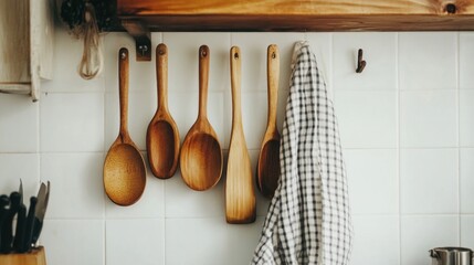 Wooden spoons and kitchen towel hang in rustic kitchen