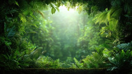 Fototapeta premium Lush jungle foliage frame, sunlight, background; nature website banner
