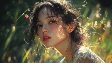 Smiling little girl with beautiful hair enjoying summer outdoors