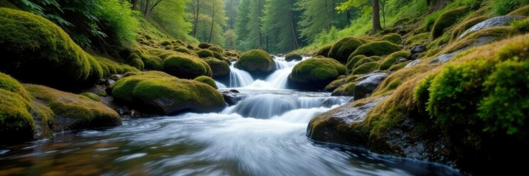 Water cascading over moss-covered stones in Scottish mountain stream, slope, cascade