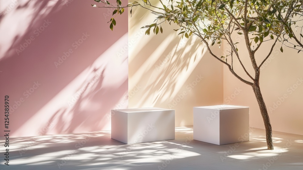 Poster abstract minimal nature scene featuring empty stage with pastel colors and shadows cast by tree bran