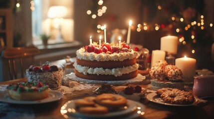 Festive kitchen table filled with freshly baked cookies and beautifully decorated cakes during a joyful celebration. Generative AI