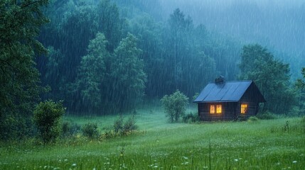 A cozy countryside scene with soft rain falling over a lush green meadow. A small wooden cottage with glowing windows sits in the distance, surrounded by mist and tall trees.