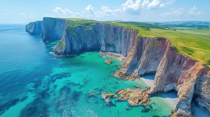 Naklejka premium Stunning coastal cliffs overlooking turquoise waters under a clear blue sky in a serene landscape