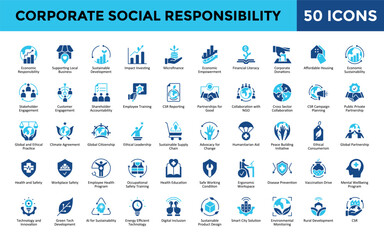 Corporate Social Responsibility icons set with economic responsibility, supporting local business, sustainable development, impact investing, microfinance icon. Simple flat vector 
