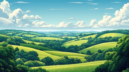 Fototapeta premium Lush Green Hills Under a Bright Blue Sky with Fluffy Clouds and Rolling Landscape