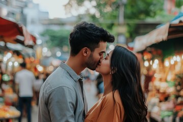A couple sharing a loving kiss in a bustling marketplace