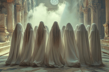 Image of unidentified saints with robes made of white cloth standing together in the hall of an ancient architectural temple with sunlight shining through smoke and dust.