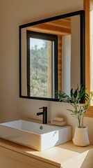 Bright bathroom with a sleek smart mirror and simple sink, enhanced by natural elements