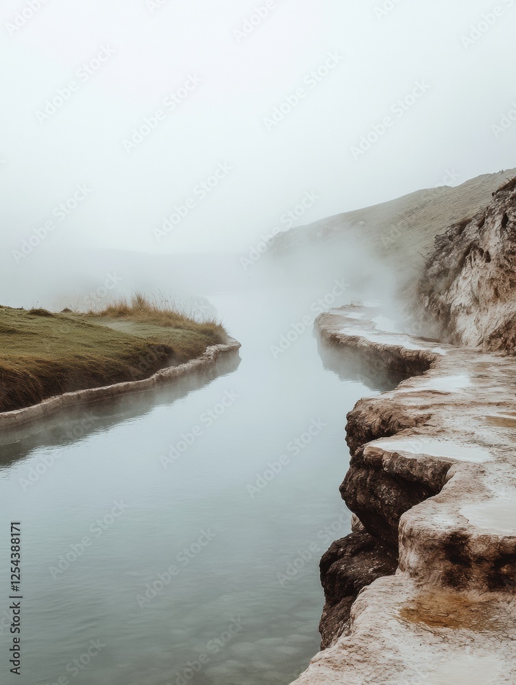 Aufkleber serene hot spring at dawn with steam rising above rocky edges in a tranquil natural setting. generat
