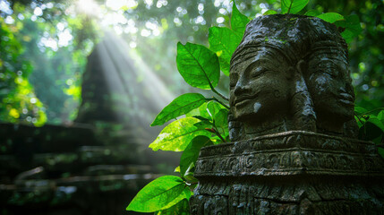 Ancient Temple Ruins Partially Hidden by Thick Jungle with Sunlight Filtering Through Greenery