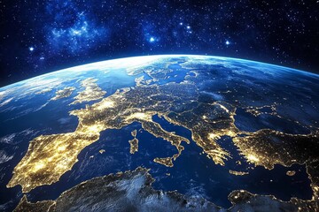 Europe at night, seen from space, showing city lights and the planet's curvature against a starry backdrop.