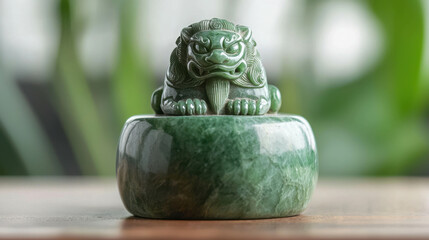 Exquisite Antique Imperial Jade Seal Featuring Carved Lion Design Resting on Elegant Base