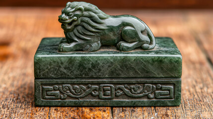 Antique Imperial Jade Seal with Carved Lion Resting on Decorative Base