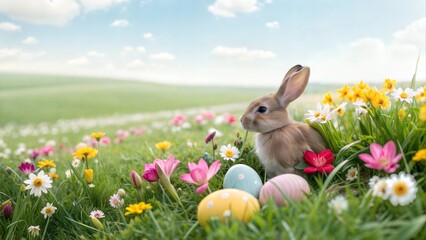 Fototapeta premium Bunny in a Flower Field: A bunny sitting in a field of vibrant spring flowers, with a few Easter eggs hidden among the blooms. 