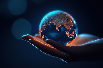 hand gently holds glowing digital globe, symbolizing global connectivity and technological integration. illuminated continents highlight concept of worldwide communication and innovation