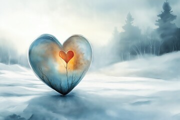 Fototapeta premium Valentine Ice Heart in Snowy Winter Landscape with Red Center