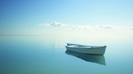 Naklejka premium Serene Solitude: A Small White Boat Gently Rocking on a Calm Ocean Under a Clear Blue Sky